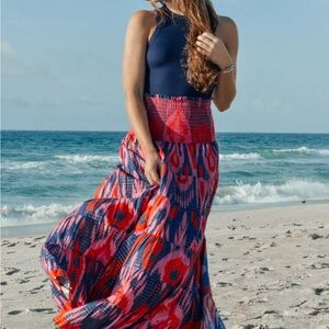 La Plage Jaipur Maxi Skirt - Ikat Chandelier - Navy/Red/Fuchsia Pink